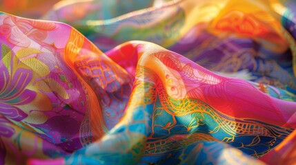 A vibrant silk scarf flutters in the breeze its intricate design catching the sunlight.