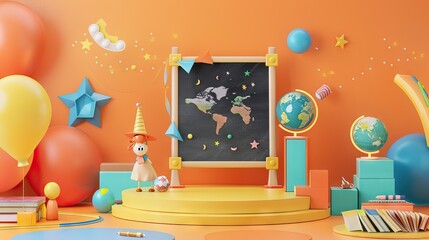3D Rendering back to school interior study room for children cute icon cartoon style. 3D Render illustration. AI generated illustration