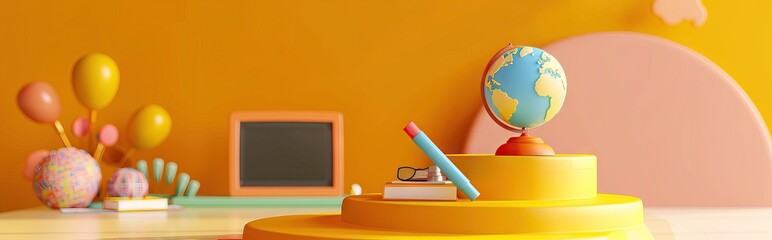 3D Rendering back to school interior study room for children cute icon cartoon style. 3D Render illustration. AI generated illustration