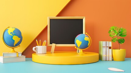 3D Rendering back to school interior study room for children cute icon cartoon style. 3D Render illustration. AI generated illustration