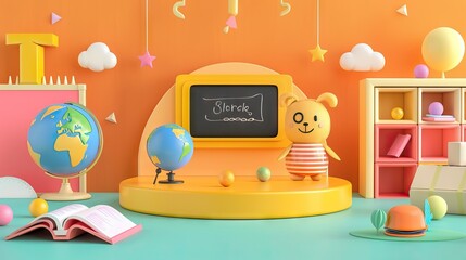 3D Rendering back to school interior study room for children cute icon cartoon style. 3D Render illustration. AI generated illustration