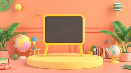 3D Rendering back to school interior study room for children cute icon cartoon style. 3D Render illustration. AI generated illustration