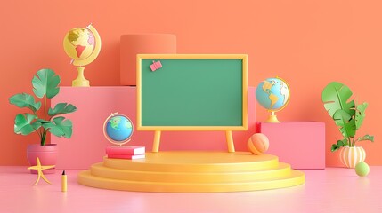 3D Rendering back to school interior study room for children cute icon cartoon style. 3D Render illustration. AI generated illustration