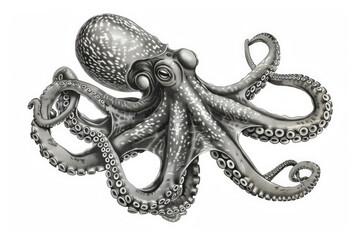 Obraz premium Detailed black and white illustration of a giant pacific octopus gracefully navigating its underwater domain