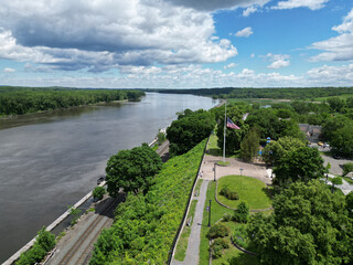 view of the hudson river and catskills mountains from a park in hudson new york valley (lighthouse,...
