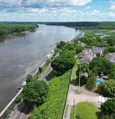 view of the hudson river and catskills mountains from a park in hudson new york valley (lighthouse,...
