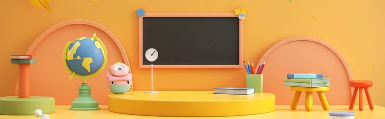 3D Rendering back to school interior study room for children cute icon cartoon style. 3D Render illustration. AI generated illustration