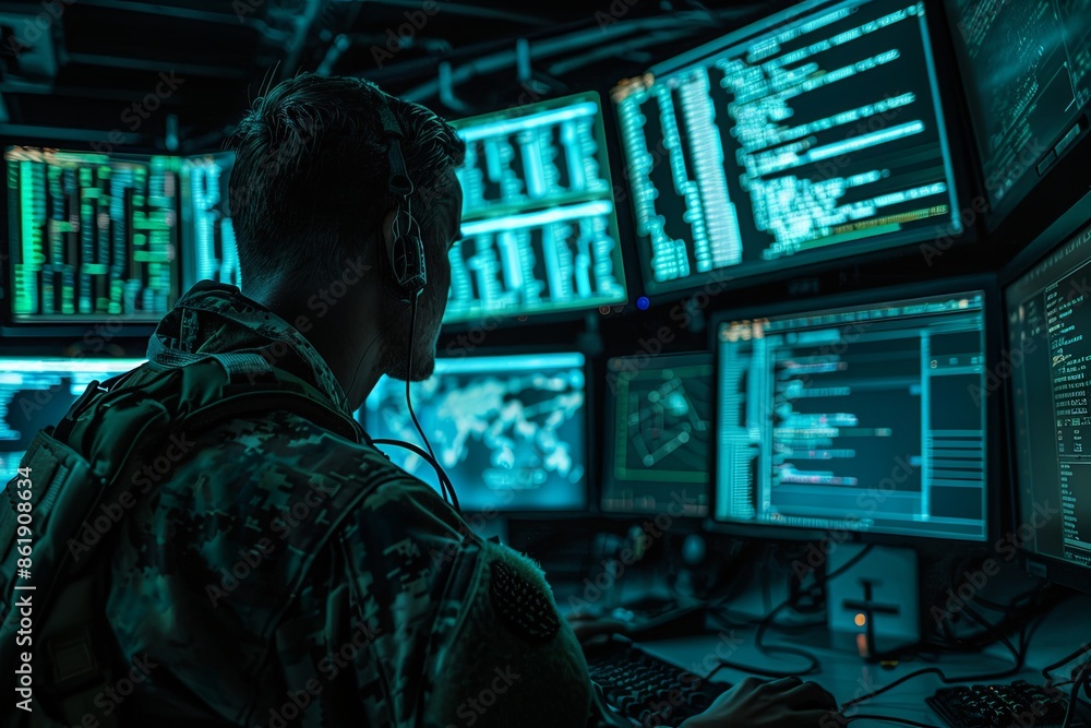Poster a cyber warfare specialist works late into the night in a dark room, surrounded by computer screens 