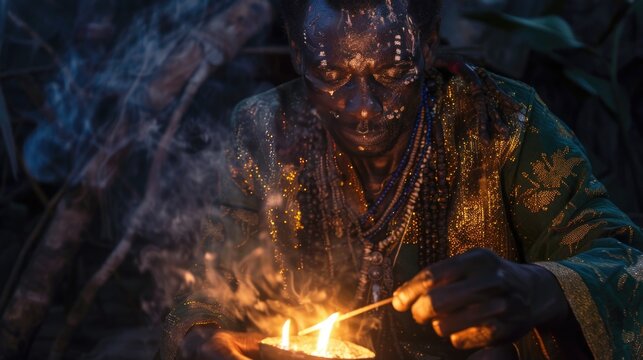 A male voodoo sorcerer performs a dark ritual.