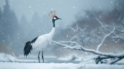 Obraz premium Red crowned crane in winter landscape of Hokkaido Japan Majestic bird in natural habitat