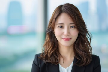 Naklejka premium Portrait of young professional woman with wavy hair in modern office setting
