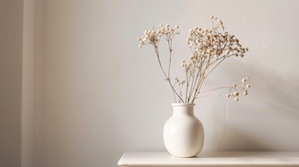 Minimalistic stylish home or studio setting with dried flowers in a white vase on a drawer Neutral backdrop with space for text