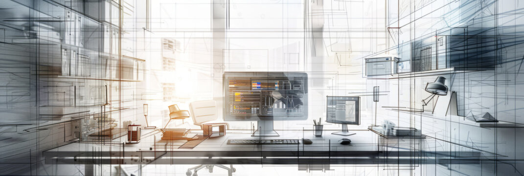 Modern office with digital overlay for futuristic, hightech design in corporate setting - Powered by Adobe