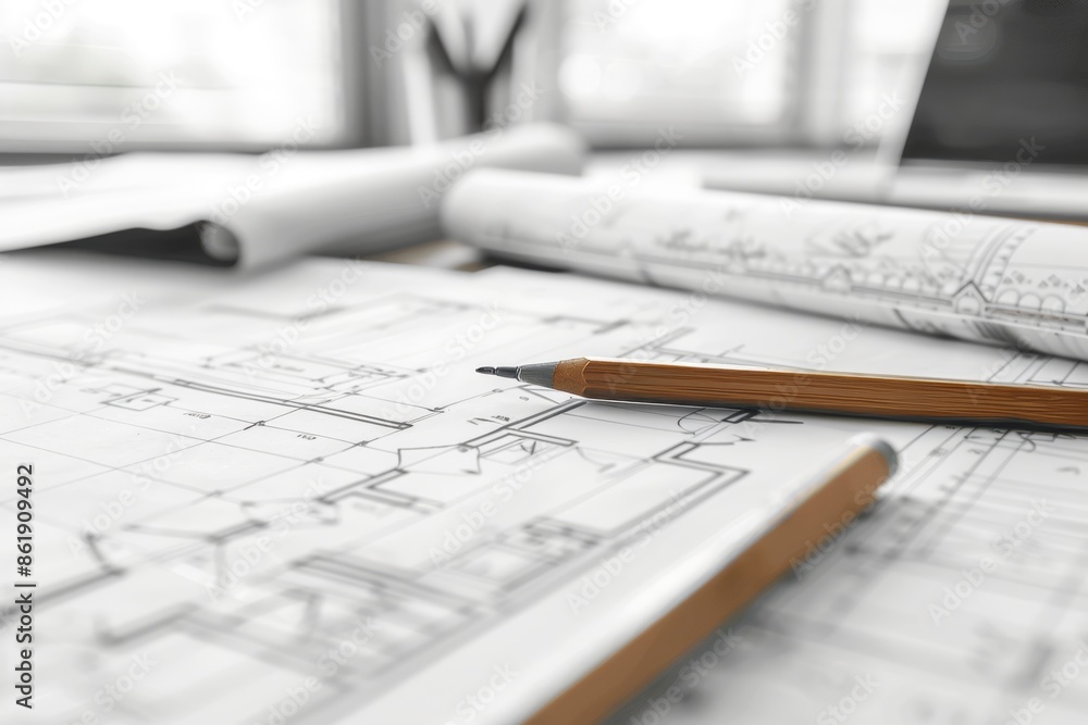 Aufkleber architect s desk with blueprint and technical project drawing for design planning
