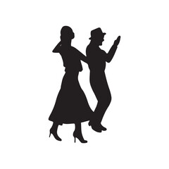 Beautiful retro vintage couple dancing salsa on festival in black isolated on white background. Hand drawn vector silhouette illustration. Dancing classes, retro theater performance show
