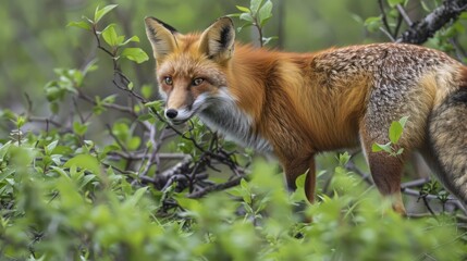 A red fox hunting in the dense, green underbrush of the Siberian taiga during early spring, alert with vibrant fur contrasting against lush vegetation