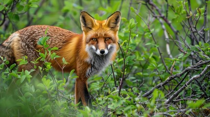 Fototapeta premium A red fox hunting in the dense, green underbrush of the Siberian taiga during early spring, alert with vibrant fur contrasting against lush vegetation