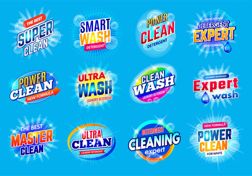 Laundry service logo. Soap detergent new formula badges for package design recent vector templates with place for text