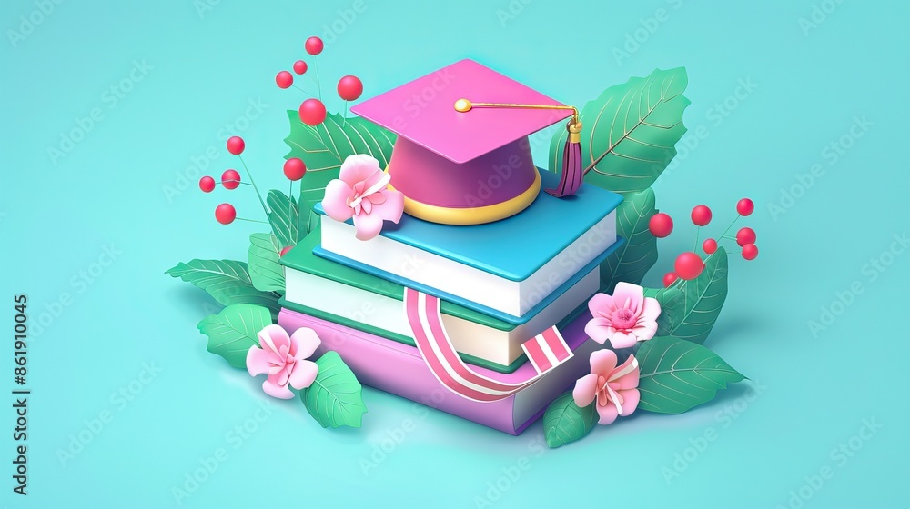 Sticker A mortarboard and graduation scroll, tied with red ribbon, on a stack of books. AI generated illustration - Stickers