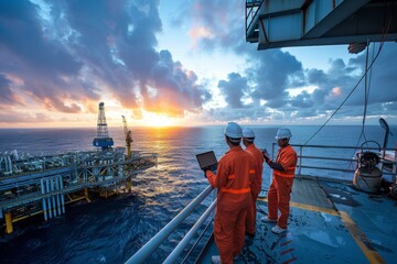 Team of engineers in safety gear reviewing project details at dawn near oil facility by the sea