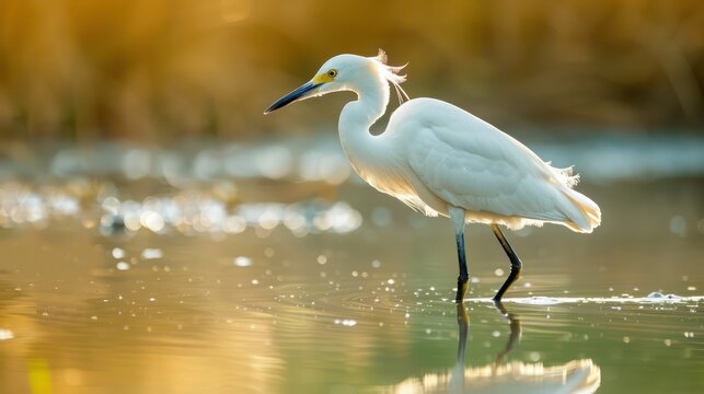 A snowy egret standing in shallow water, its reflection perfectly mirrored in the calm morning light