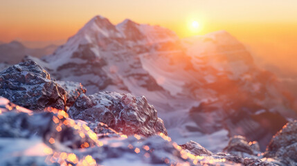  A photorealistic sunrise over a high-altitude mountain range, with highly detailed textures on the foreground rocks and snow. 