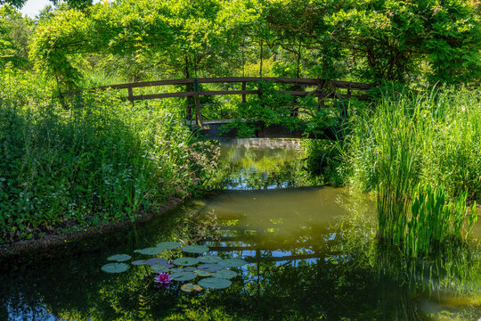 Japanese bridge in the Park of the Impressionists. This park is located on the banks of the Seine River at Rueil Malmaison near Paris, France