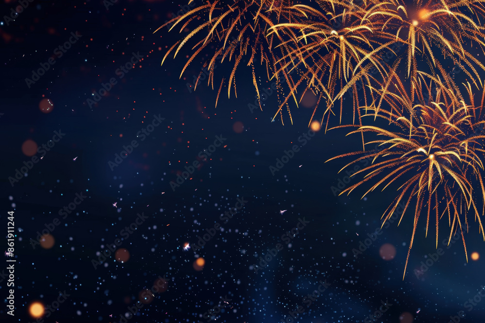 Poster festive background with golden fireworks exploding in night sky with plenty of copy space