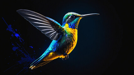 Fototapeta premium humming bird, blue lighting, yellow glow in the background