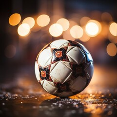 Naklejka premium Image of a vintage soccer ball on a dark surface with a defocused background of blurry lights. The ball exudes a retro feel, reminiscent of classic soccer games and timeless sportsmanship