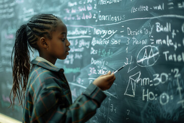 Young student concentrating while solving complex math problems written on a large chalkboard