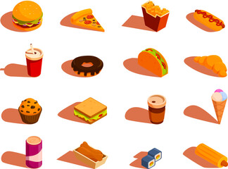 isometric set of junk food and fast food, vector illustration