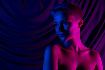 Photo of render cute lady nude shoulders loving body positive empty space isolated neon pink violet color textile