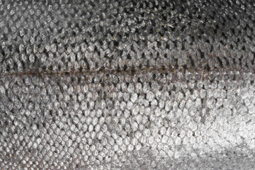 Texture of trout, salmon fish scale macro, close up. Natural food background, seafood wallpaper, backdrop. © katyamaximenko