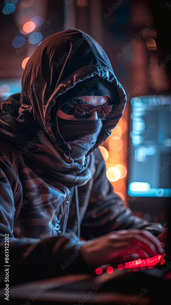 Poster Masked Hacker Working Late at Night