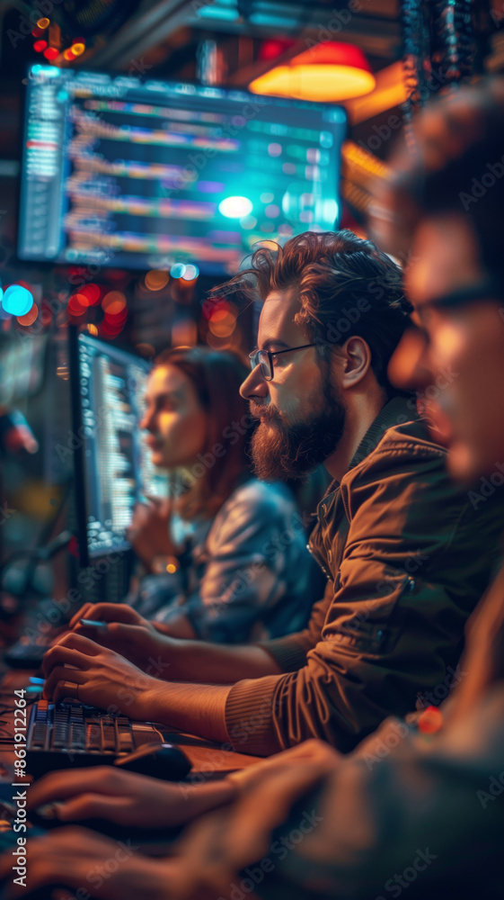 Poster Software Developers Collaborating on Source Code in a Nighttime Office