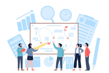 Strategic planning. Business team plan working process on whiteboard. Mistakes and right steps tactic corporate development, recent vector scene © LadadikArt