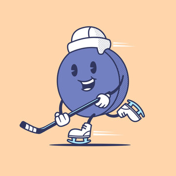Funny ice hockey puck vintage cartoon mascot vector illustration