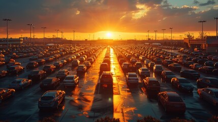 Fototapeta premium Cars parked in a parking lot at sunset with the sun setting