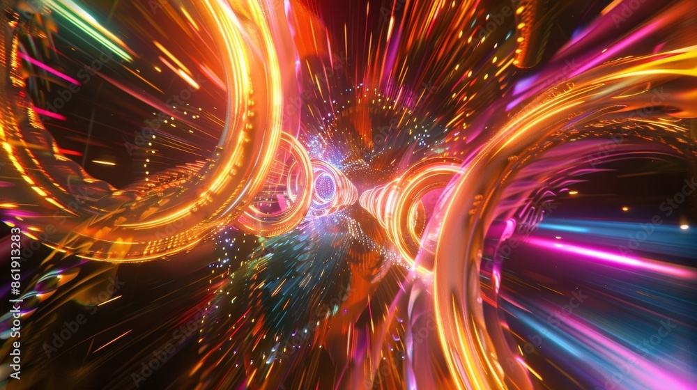 Poster a burst of energy and color like a fireworks display of abstract rings.