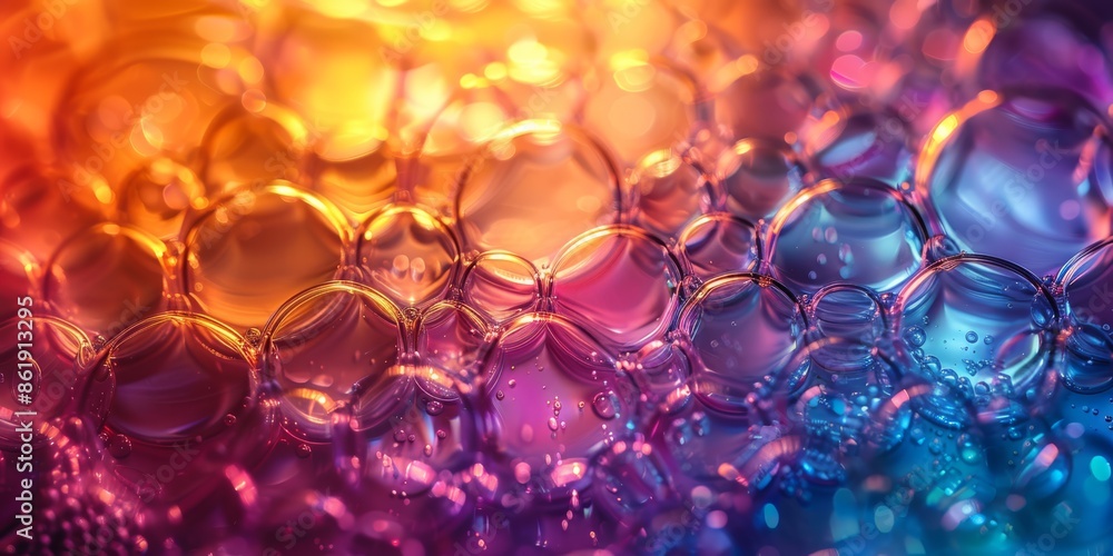 Poster close-up view of colorful bubbles, capturing a vibrant and abstract background with mesmerizing hues