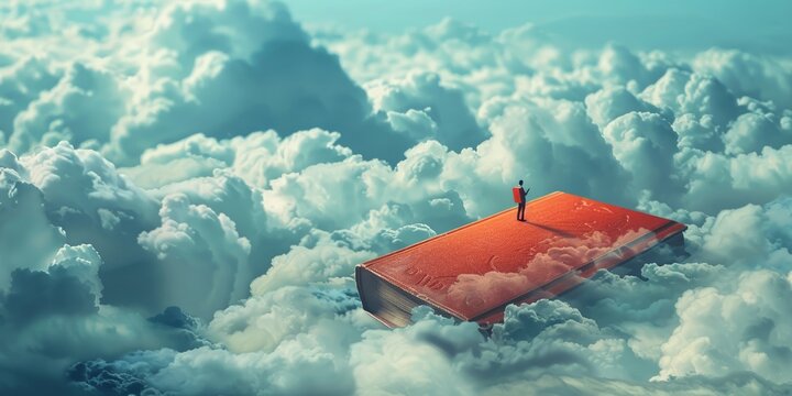 Journey Through Imagination: A Man on a Book Flying Through Cloudy Skies