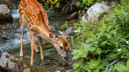 A graceful deer drinking from a crystal clear stream surrounded by vibrant green foliage and small wildflowers
