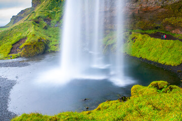 Naklejka premium A cascading Seljalandsfoss waterfall surrounded by vibrant greenery, with visitors enjoying the view from a unique vantage point behind the water curtain. Iceland