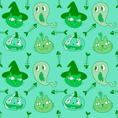 Halloween animals seamless cats and pumpkins pattern for wrapping paper