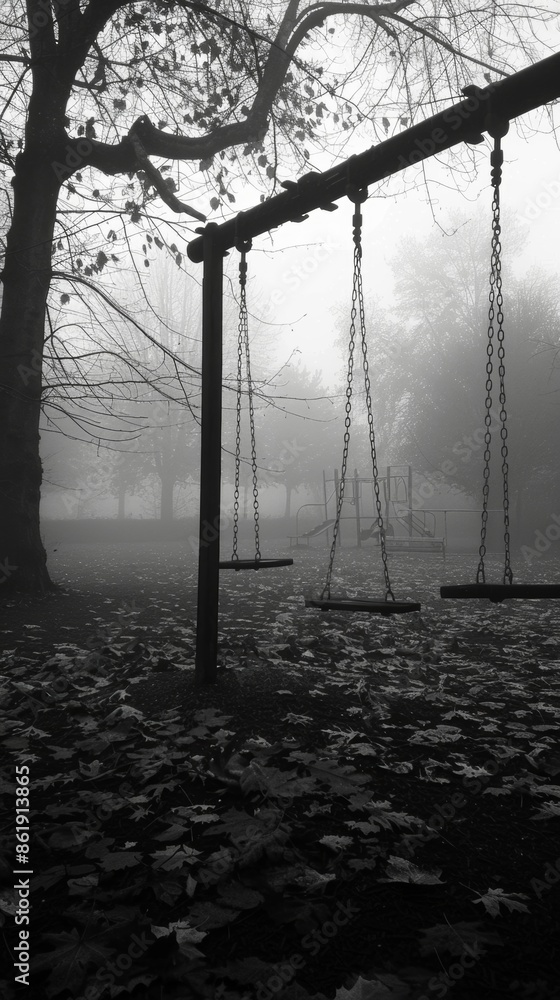 Poster the eerie silence of the empty playground is only broken by the rustling of leaves in the wind. blac