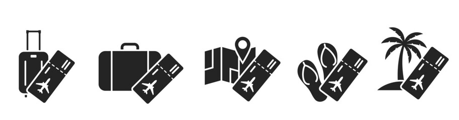 air travel flat icons. luggage, flip flops, map, palm tree and flight ticket. vacation and journey symbols. isolated vector images for tourism design