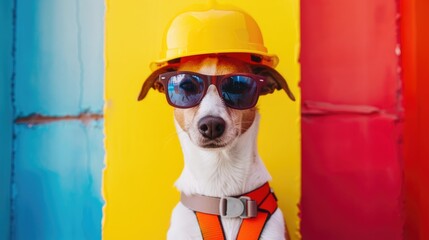 Dog in hard hat promoting safety in DIY construction concept colorful background