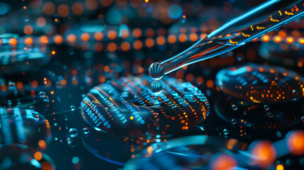 Close-up of a pipette with a drop of DNA flowing out for research. Genetic research is carried out on a digital panel. Data, research concept.