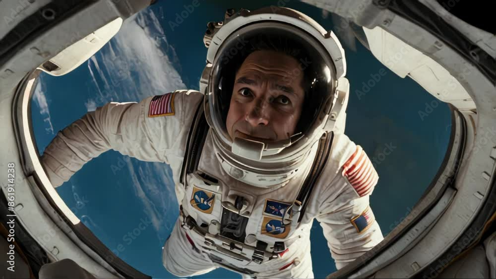 Poster a man in a spacesuit is looking out of a window of a space shuttle